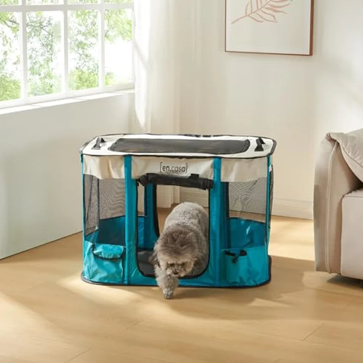 [en.casa] Welpenauslauf Mörbylånga, faltbar, 70 x 55 x 45 cm, tragbarer Pop Up Haustierlaufstall für Hund und Katze, Indoor/Outdoor, Blau/Beige – Bild 3