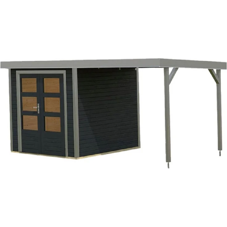 Karibu Gartenhaus Hybrid Modern X anthrazit/staubgrau + Anbaudach und Boden, BxT: 438x217.5 cm, Heller Innenraum mit Doppeltür - Preisvergleich