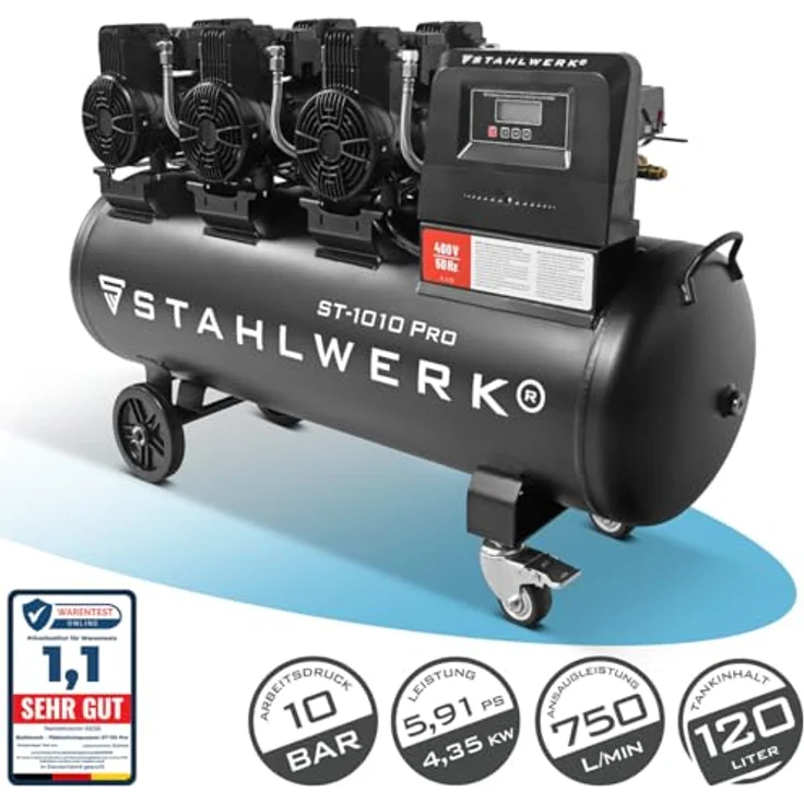 STAHLWERK Kompressor ST-1010 Pro, ölfrei, 120 L Kesselvolumen, 5,91 PS, 750 l/min, 72 dB Lautstärke – Bild 2