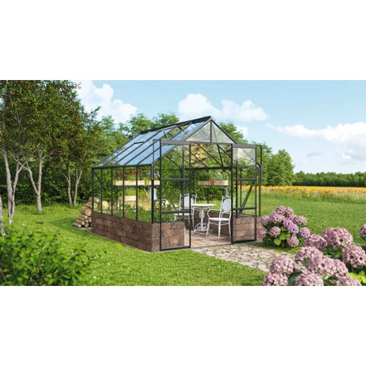 Vitavia Gewächshaus "Cassandra 8300" schwarz 8,3 m² mit Sockelmauer in herbstlaub, Doppelschiebetür und Sicherheitsglas