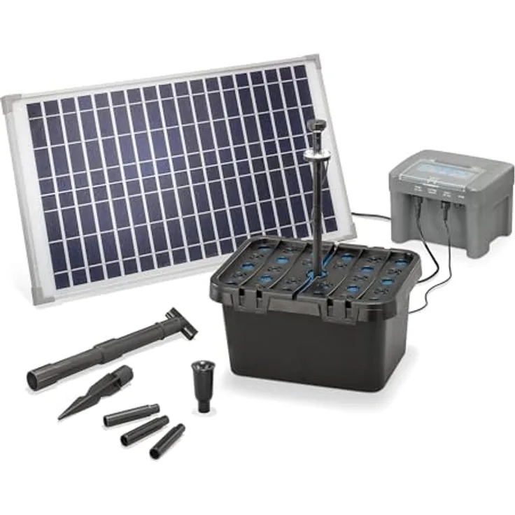 Esotec Solar Teichfilterset Profi 25/650 LED proBatt, Teichfilter Komplettset mit 25Wp Pumpe, 650l/h Förderleistung, 1,4m Förderhöhe, BleiGel Akku, IP68, Programm-Funktionen
