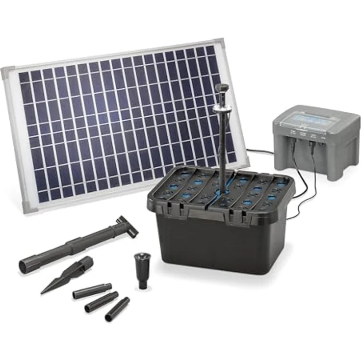 Esotec Solar Teichfilterset Profi 25/650 LED proBatt, Teichfilter Komplettset mit 25Wp Pumpe, 650l/h Förderleistung, 1,4m Förderhöhe, BleiGel Akku, IP68, Programm-Funktionen – Bild 1