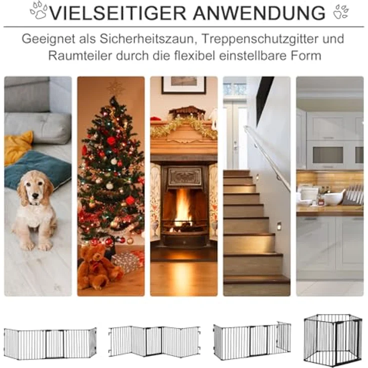 PawHut Welpenauslauf 2 in 1 Klappbares Absperrgitter für kleine und mittelgroße Hunde, 300 x 74,5 cm, Metall, Schwarz – Bild 3