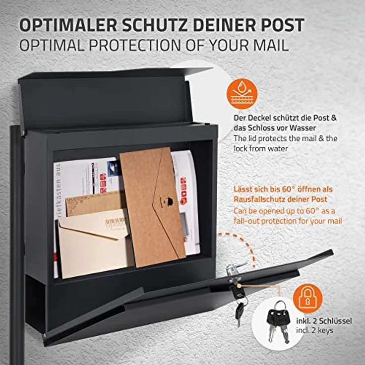 ECD Germany Standbriefkasten mit Zeitungsfach, Design Briefkasten mit Pfosten, Briefkastenanlage, Briefkastenständer Anthrazit 120cm Edelstahl, Postkasten Anthrazit 37x37cm Edelstahl pulverbechichtet – Bild 3
