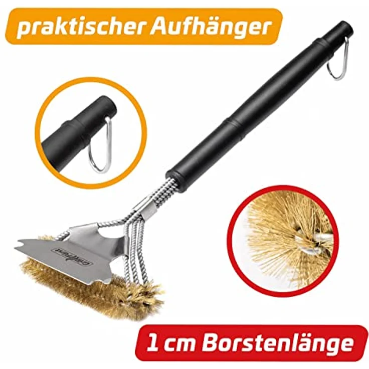 Grillfürst Premium Grillbürste mit Messing Borsten, 45 cm - Grill Reinigungsbürste für Grillrost, Grillrost Bürste mit breitem 3-Fach Bürstenkopf und Schaber – Bild 3