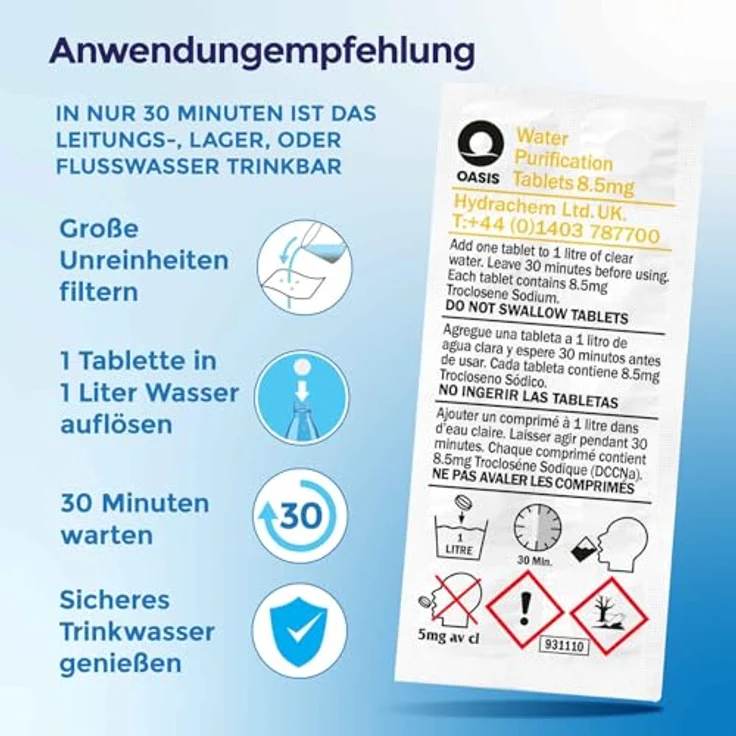 Wicked Chili Oasis 10x Wasserreinigungstabletten - 1 Liter Trinkwasser pro Tablette - Water Purification Tablet für Outdoor, Notfall, Camping, Reiseapotheke, Chlortabletten, Notfallset (8.5MG NaDCC) – Bild 4