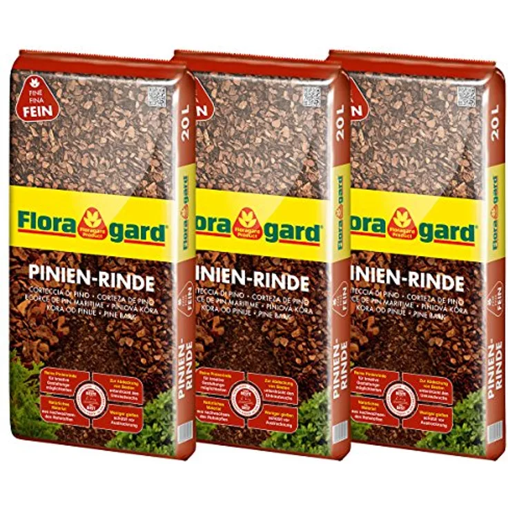 Floragard Mulch Pinienrinde 2-8 mm, 3x20 L, superfein, dekorativer Bodenbelag, Unkrautschutz, naturbelassen, für mediterranes Flair, 60 L, auch zur Kübel-Abdeckung