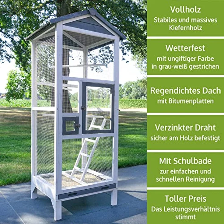 Zooprinz Vogelvoliere Apollo XL, wetterfestes Kiefernholz mit Bitumendach, Kotschublade, 12 mm Maschenweite, inkl. Sitzstangen, 122 x 177 x 58 cm – Bild 7