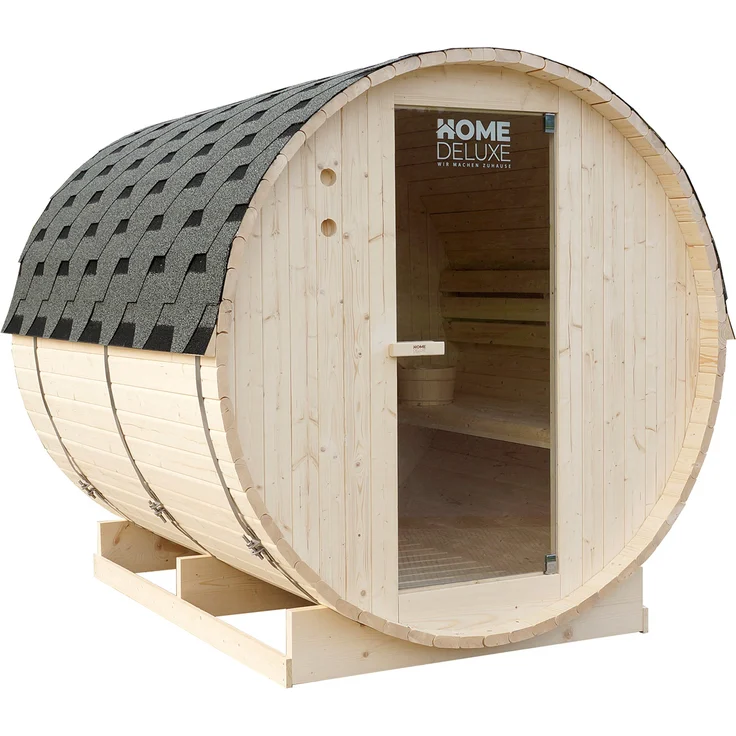 HOME DELUXE - Outdoor Fasssauna LAHTI XL - Maße: BxTxH: ca. 195 cm x 192 cm x 220 cm, Holz: Fichtenholz - inkl. Elektroofen und kompl. Saunazubehör I Gartensauna, Außensauna, Sauna für 6 Personen – Bild 2