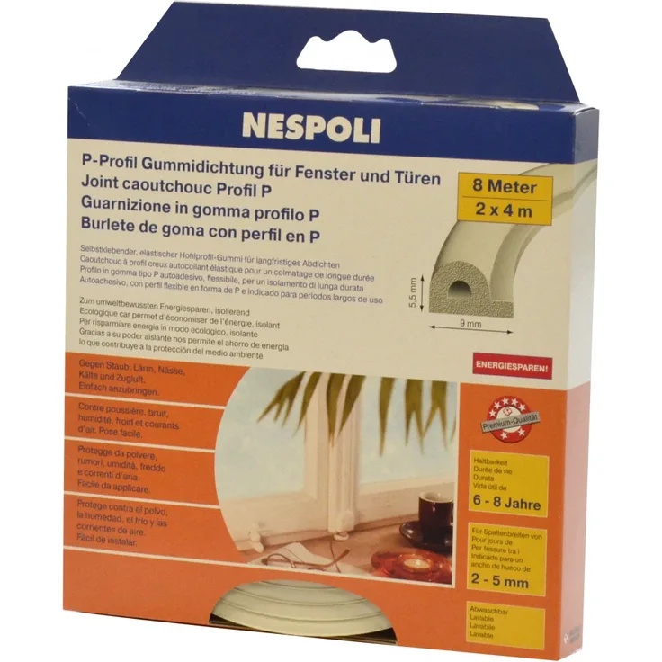 Nespoli Fenster- und Türdichtung mit P-Profil je 4 m, 9 x 5,5 mm, weiß, 2 Stück