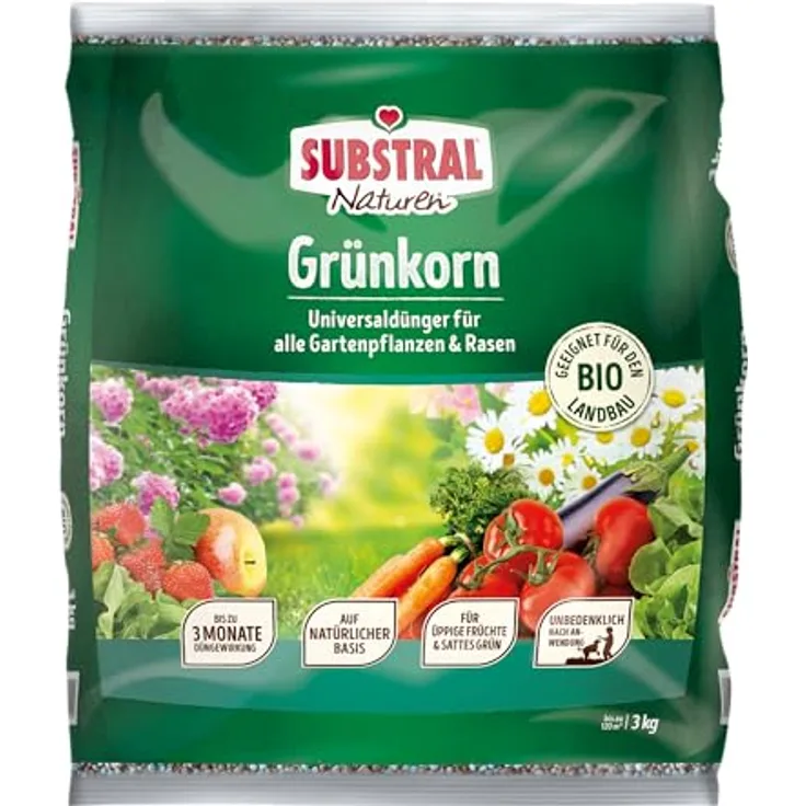 Substral Naturen Grünkorn, 3kg Bio Universal Gartendünger für Blüh-, Obst-, Gemüsepflanzen und Rasenflächen, langanhaltende Nährstofffreisetzung mit innovativer Grünfärbung