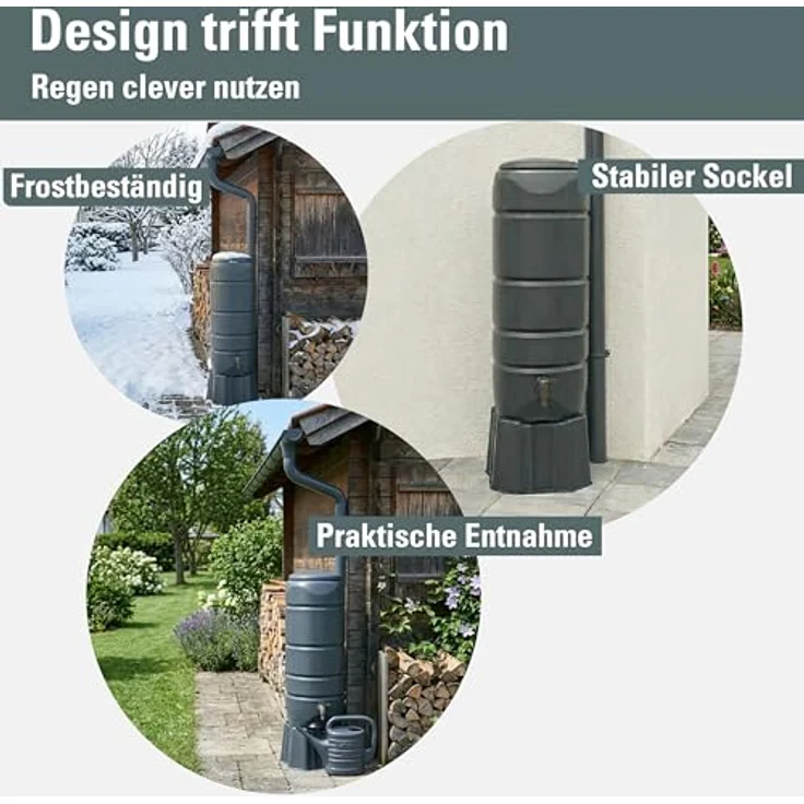 Prosperplast Regentonne Vuelta, 110 l, anthrazit, Set 3-tlg mit Unterstand und Wasserhahn – Bild 2