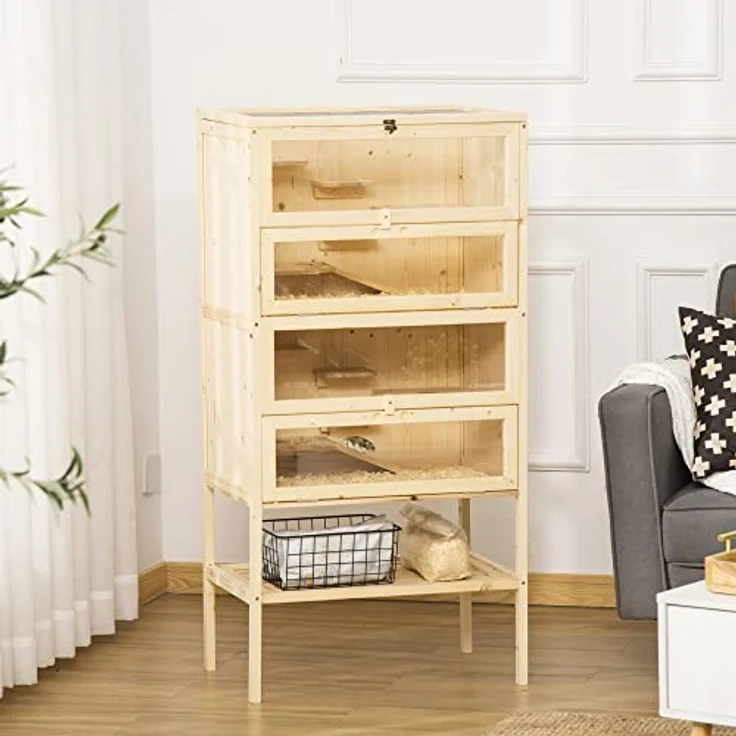 PawHut Kleintierkäfig 5 Etagen mit Gitterdach Rampen Kleintierstall Käfig Nagerkäfig Meerschweinchenstall Tannenholz Naturholz 60 x 40 x 120 cm, Aktivitätszentrum, Sicher, Viel Licht, Einfache Reinigung – Bild 2