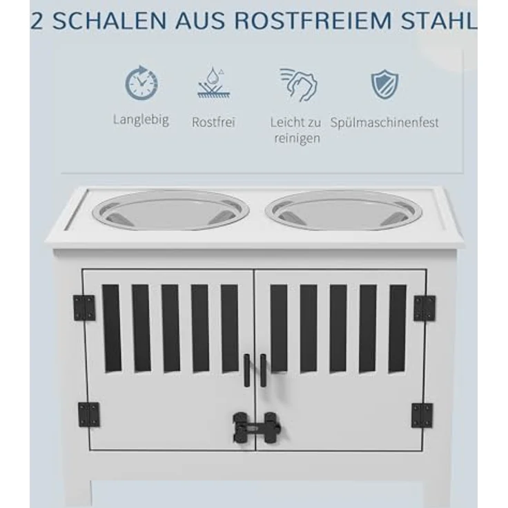 PawHut Futternapf, Erhöhte Futterstation mit 2L Edelstahlschale, Stauraum, Doppeltür mit Schloss, Hundebar für extra große Hunde, Weiß – Bild 3