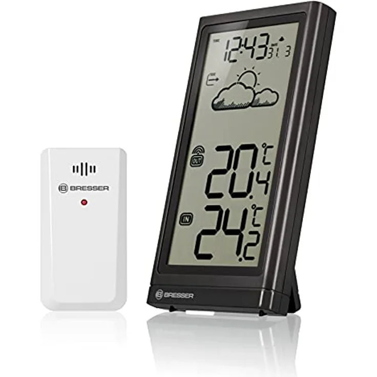 Bresser Wetterstation Funk mit Außensensor Meteo Temp, Thermometer mit Temperaturanzeige für Innen- und Außen, Wettervorhersage, mit ausklappbarem Standfuß und Wandhalterung, schwarz - Preisvergleich