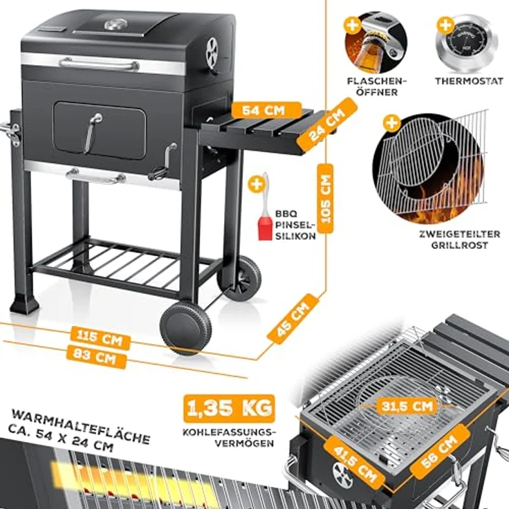 KESSER® Grill Grillwagen BBQ Smoker XL Holzkohlegrill mit Deckel, Rädern, Edelstahl-Griff, Grillrost und Thermometer, 8 Spieße mit Tasche & Silikon-Pinsel, Standgrill, Kohlegrillwagen – Bild 8