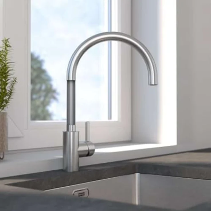 FRANKE Küchenarmatur mit Ausziehbrause, umstellbarer Wasserstrahl, 180° Schwenkbereich, schwarzer Gewebeschlauch – Bild 6