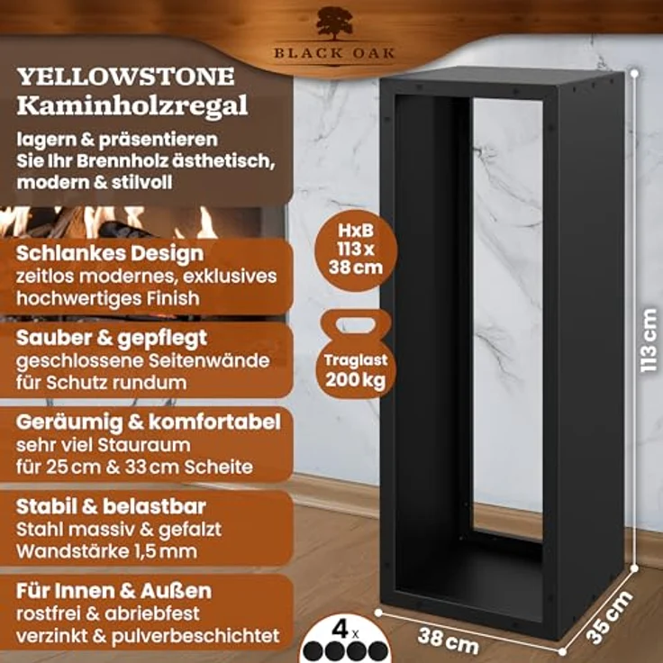 BLACK OAK Kaminholzregal YELLOWSTONE, 113x38x35cm, schwarz, pulverbeschichtet, für innen und außen, bis 200 kg, wetterfestes Metallregal – Bild 2