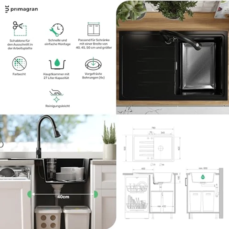Primagran Spülbecken Grau 78x50cm, Granitspüle 1 Becken + Ablauf-Set, Küchenspüle ab 45er Unterschrank - Mailand, schmutzabweisend und hitzebeständig – Bild 5