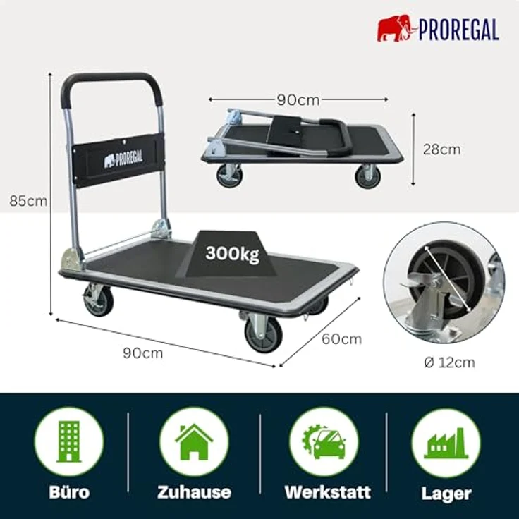 PROREGAL® Transportwagen RHINO, Klappbarer Profi-Transportwagen mit 300 kg Traglast, 2x 360° Lenkrollen & 2x Bockrollen mit Feststellbremse, rutschfeste Ladefläche, praktischer Werkzeugtasche – Bild 6
