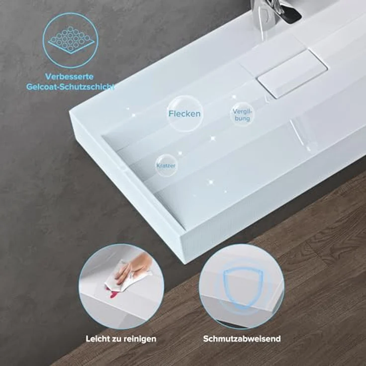 doporro Aufsatzwaschbecken Waschbecken Col19 Gussmarmor Waschtisch inkl. Ablaufgarnitur, mit Hahnlöcher in eleganter Eckform, hochreiner Gussmarmor, einfache Montage - Weiß – Bild 5