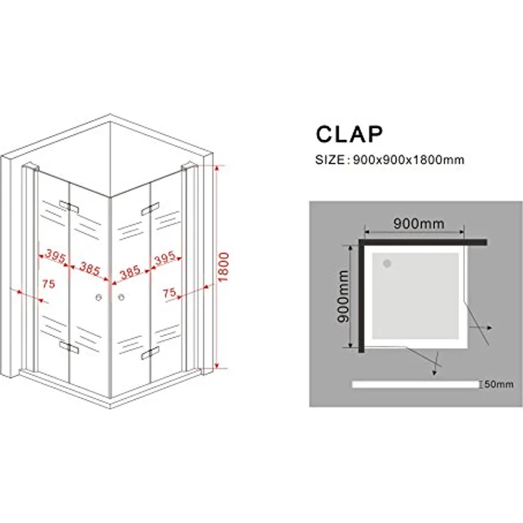 Glasdeals Duschkabine CLAP, 90 x 90 x 180 cm, 8 mm ESG Pendeltür, rahmenloses Design, ohne Duschtasse – Bild 7