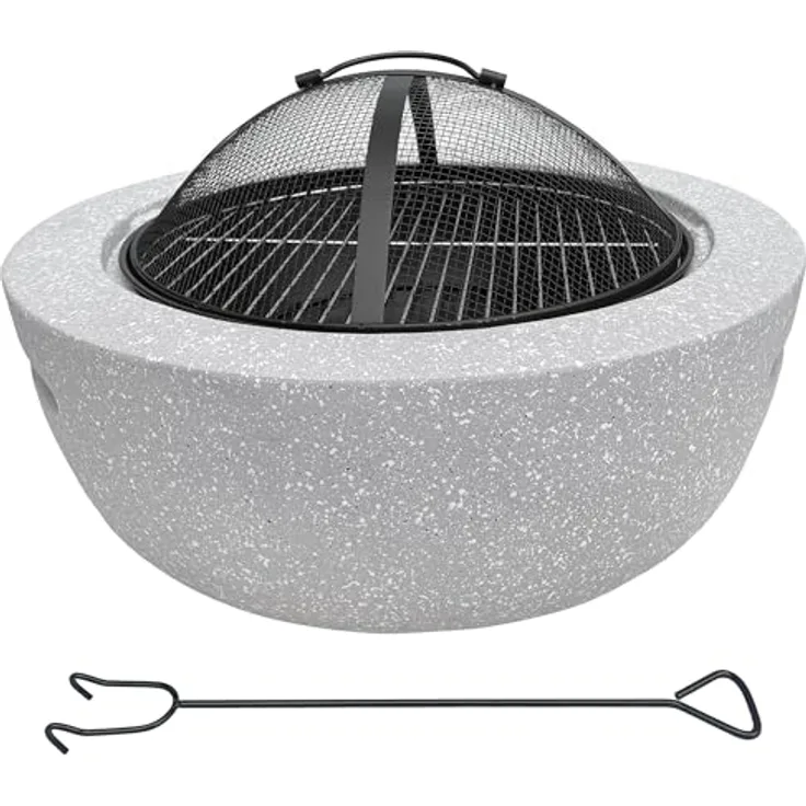 IC Gardenworld Feuerschale 2-in-1 aus Kunststein in Granitoptik | ca. Ø 60 cm | inkl. Grillrost, Schürhaken & Funkenschutz | als Grill & Feuerkorb für den Garten nutzbar | Moderne Feuerstelle zum Kochen und Chillen