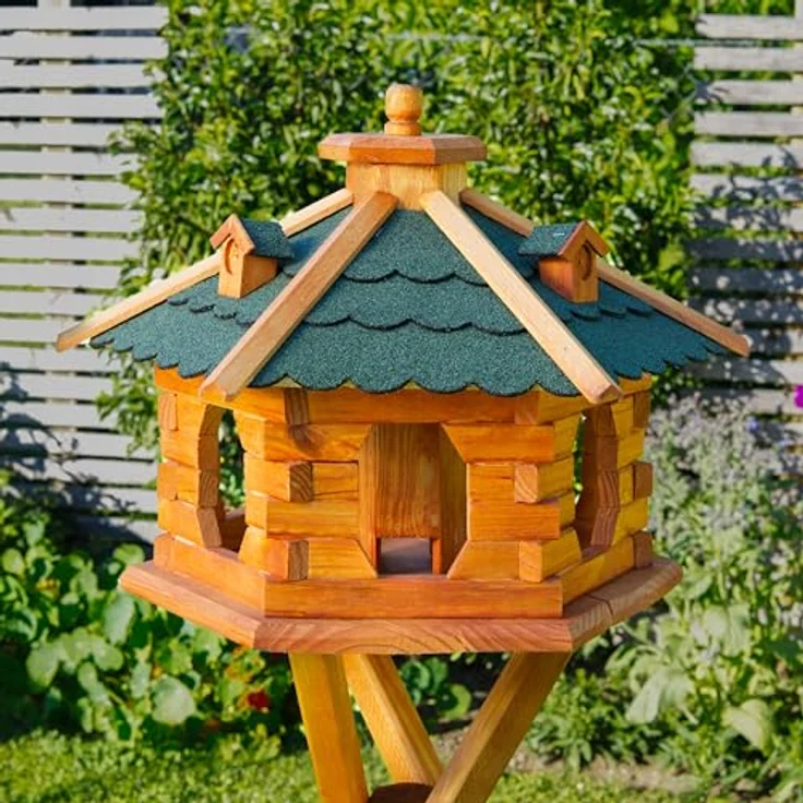 Deko-Shop-Hannusch Vogelhaus wahlweise mit Ständer und Solarbeleuchtung, Verschiedene Größen L - XXL, Futtersilo, wetterfestes Bitumendach(Größe Standard L, Dach grün) – Bild 1