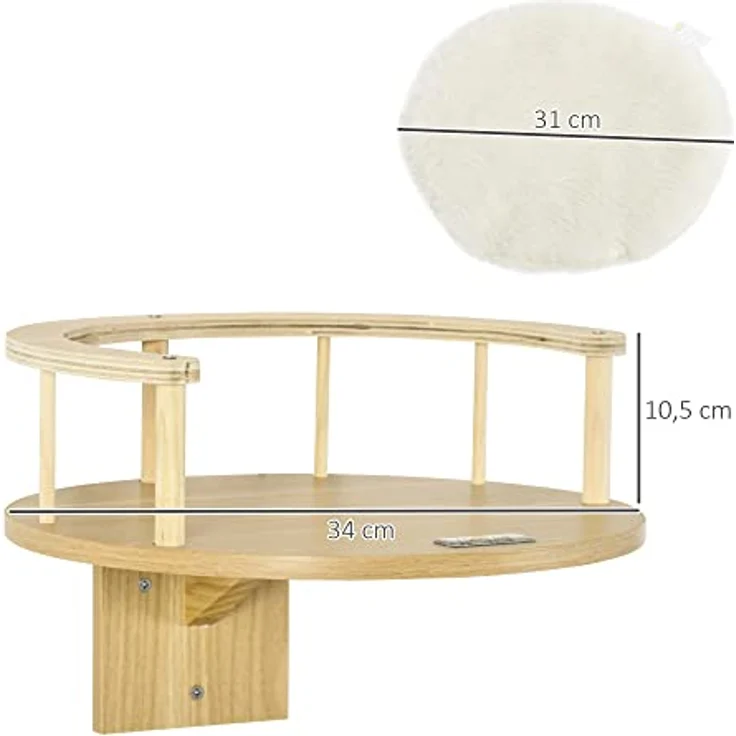 PawHut Katzen Kletterwand, Katzenliege für die Wand, Katzenbett für Wandmontage, Katzen Hängematte, Katzenplattform mit Kissen, Katzenmöbel, Eiche+Cremeweiß, Ø34 x 10,5 cm – Bild 3