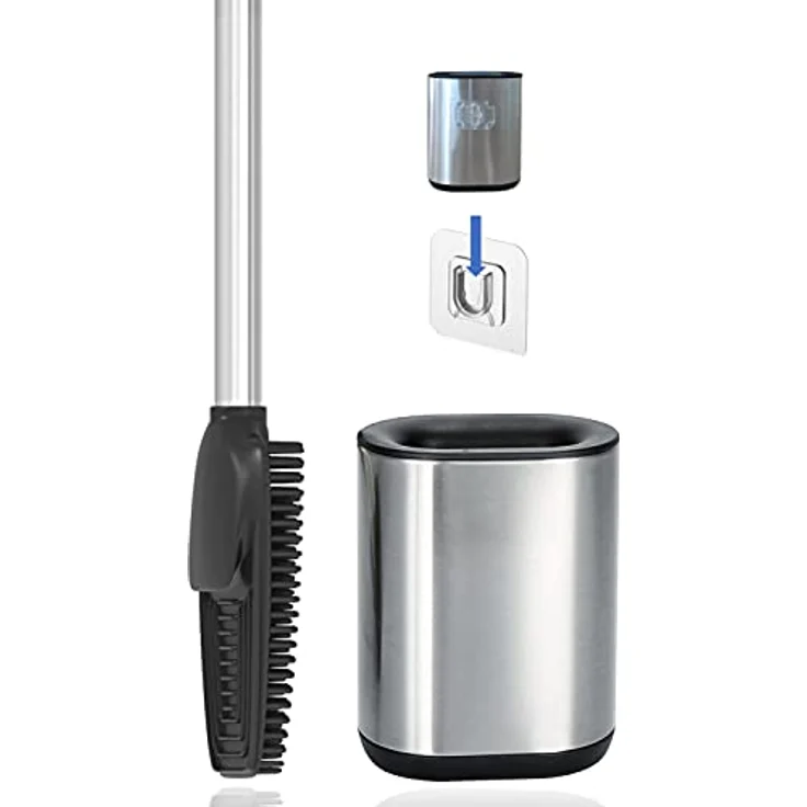 3in1 Toilettenbürste aus Silikon mit WC Bürsten Halter und Wandhalterung, Langer Stiel aus Edelstahl & Hygienisch mit Lamellen und Schaber – Toilettenbürstengarnitur für Badezimmer & Gäste-WC – Bild 1