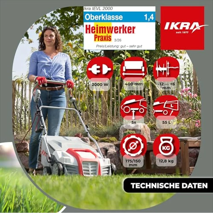 IKRA Elektro Vertikutierer IEVL 2000, 2-in-1 Rasenlüfter mit 55l Fangkorb, 40cm Arbeitsbreite, 2000 Watt Motor – Bild 5