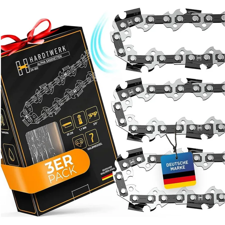 Hardtwerk® Ersatzkette 1,1mm 3/8" 3Stk Hartmetall selbstölend, kompatibel mit Kettensägen von Makita Husqvarna Dolmar Bosch, zertifiziertem 68CrNiMo Qualitätsstahl
