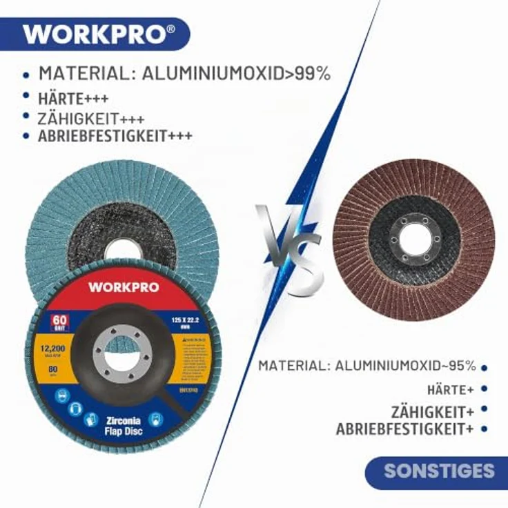 WORKPRO Profi Fächerscheiben 10 Stück Ø 125 mm x 22,2 mm, Körnung 60, Blau, für Edelstahl, Metall und Holz – Bild 3