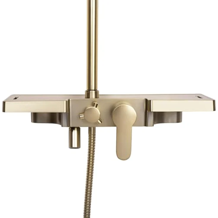 Rea Duschsystem Bravo Brush, Duscharmatur mit Duschkopf und Kopfbrause, Messing, gebürstetes Gold, Anti-Kalk Düsensystem, drei Funktionen, Aufputzmontage – Bild 5