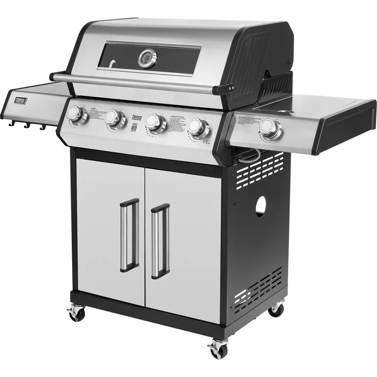 Teesa BBQ 5006 MASTER Gasgrill, 5 Brenner, 17kW, Gusseisen-Grillrost, integrierte Temperaturanzeige, Flaschenschrank