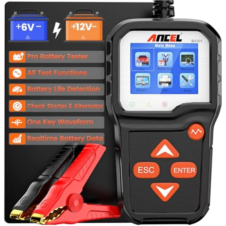 ANCEL BA301 Batterietester KFZ 6V/12V 100-2000 CCA Autobatterie Tester, Digitaler Autobatterie-Analysator für PKW LKW ATV SUV Boot Moto