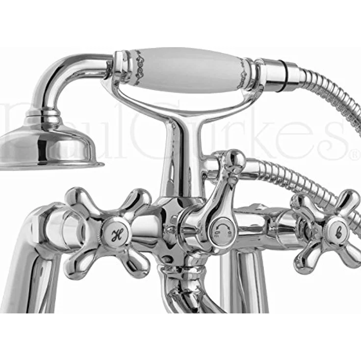 PaulGurkes Nostalgie Wannenarmatur, Retro Standarmatur aus massivem Messing mit Keramikgriff, verchromt, inkl. 150 cm Brauseschlauch – Bild 4