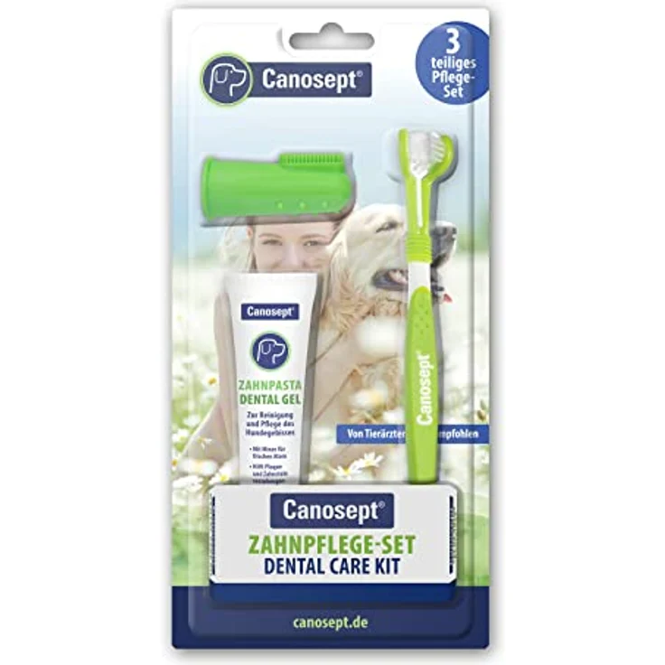 Canosept Zahnpflege Hund (3-teiliges Set) - Hundezahnbürste – Hundezahnpasta – Fingerlinge - Zur optimalen Zahnreinigung bei Mundgeruch - Zahnstein – Zahnpflege – Bild 1