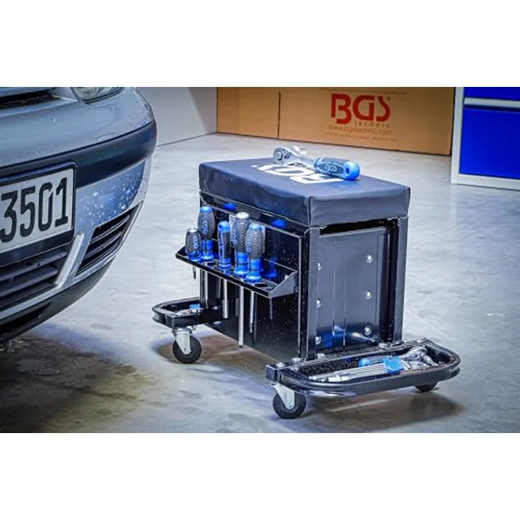BGS TECHNIC Werkstatt-Rollsitz mit 3 Schubladen, robuster fahrbarer Sitz mit abwaschbarem Polsterbezug und stabiler Stahl-Vierkantrohr-Konstruktion, max. Tragfähigkeit 150 kg – Bild 3