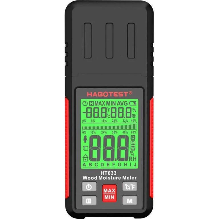 Habotest HT633, Multimeter und Holzfeuchtemessgerät mit Temperaturmessung und LCD-Display, multifunktional für Holz, Beton und Putz