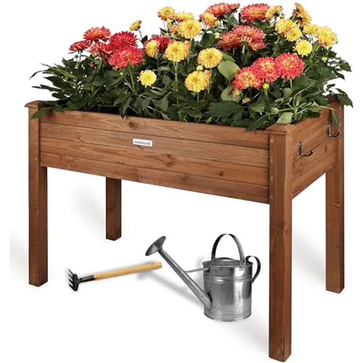 needs&wants® Growy3 Hochbeet aus Holz dunkel-braun, rechteckig schmal mit Vlies-Folie, Metall-Haken, 80 Liter Volumen – Bild 1