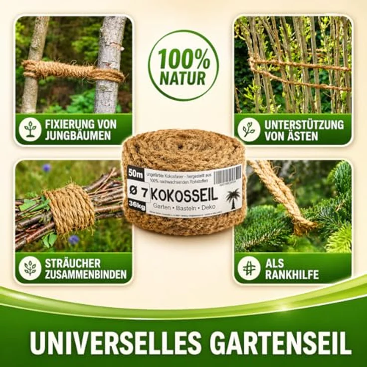 deli4you Kokosseil Gartenseil für Pflanzen, 7mm x 50m, biologisch abbaubares Kokosband in Braun, stabil und knotensicher für Baumbindungen und DIY-Projekte – Bild 2