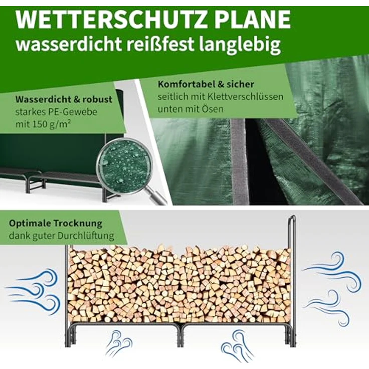 TTL GARDEN Kaminholzregal M, 200x36x116cm schwarz mit wetterfester Abdeckung, Metall Stahlrohrrahmen, für innen und außen, bis 400kg Holz, Gitterboden, rostfrei – Bild 4