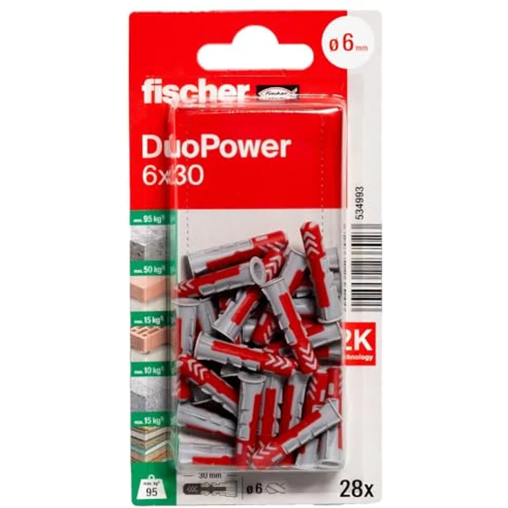 Fischer Duopower Universaldübel 2 K, Ø 6 x L 30 mm, 28 Stk., Nylon, für alle Baustoffe geeignet – Bild 1