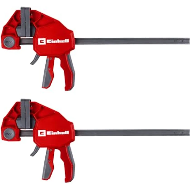 Einhell Einhandzwinge 930120, Set mit 2 Zwingen, Spannkraft 150 kg, Spannweite 300 mm, Werkzeugfreier Umbau zum Spreizen, gummierte Griffe, schwarz/rot – Bild 1