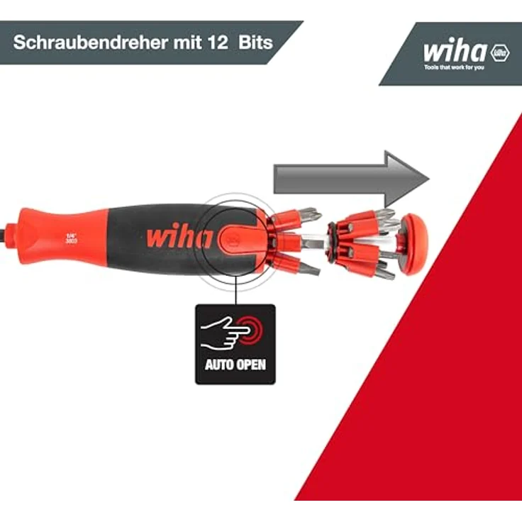 Wiha Schraubendreher mit Bit Magazin LiftUp 25 magnetisch gemischt mit 12 Bits, 1-4'' in Blister (38605), Bits im Griff, langlebig, universell, Bitsatz, Bithalter, platzsparend, kompakt, stabil – Bild 3