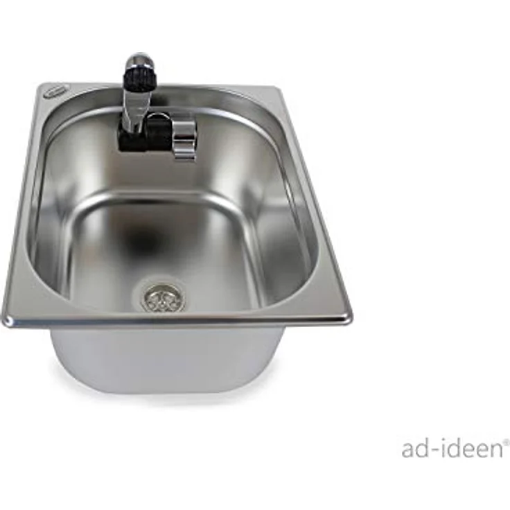 ad-ideen Camping Waschbecken Technikset, Kabelloses Miniküche Bausatz mit 12V Tauchpumpe und Edelstahl-Spüle 325 x 265 x 150 mm – Bild 4