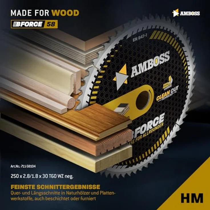 Amboss Werkzeuge HM Kreissägeblatt 250x30 Z60 Wechselzahn neg. für Holz - Kappsäge Feinschnitt. Passend zu Dewalt DWE 7492 Güde GTK 2000 PowerPlus POWX07598. Schwarz – Bild 2