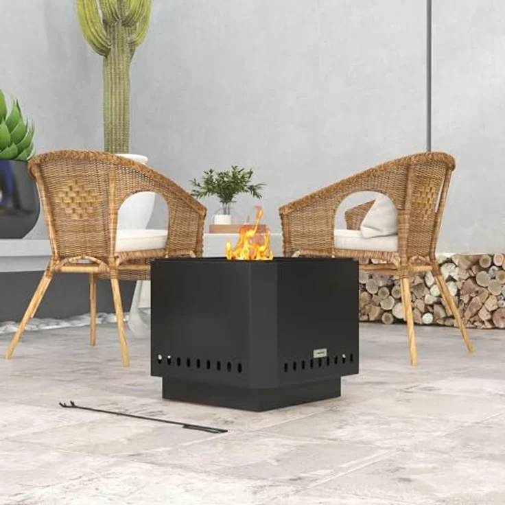 Outsunny Feuerschale, quadratischer rauchfreier Feuerkorb mit Schürhaken, Tischfeuer für Garten, Camping, Terrasse, Metall, Schwarz – Bild 2
