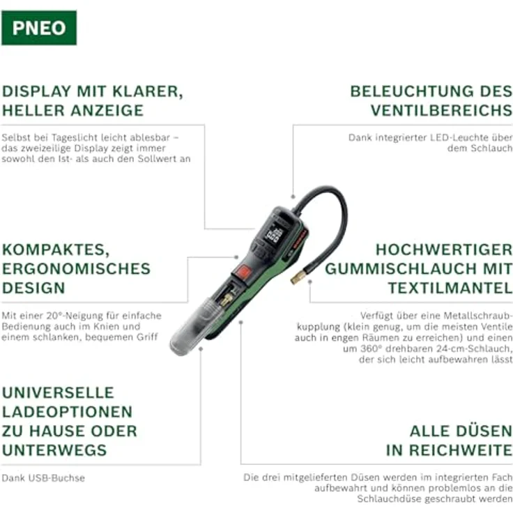 Bosch Akku-Druckluftpumpe PNEO, inkl. Zubehör und Werkzeugtasche, präzises Aufblasen bis 10,3 bar mit Autostopp-Funktion – Bild 3